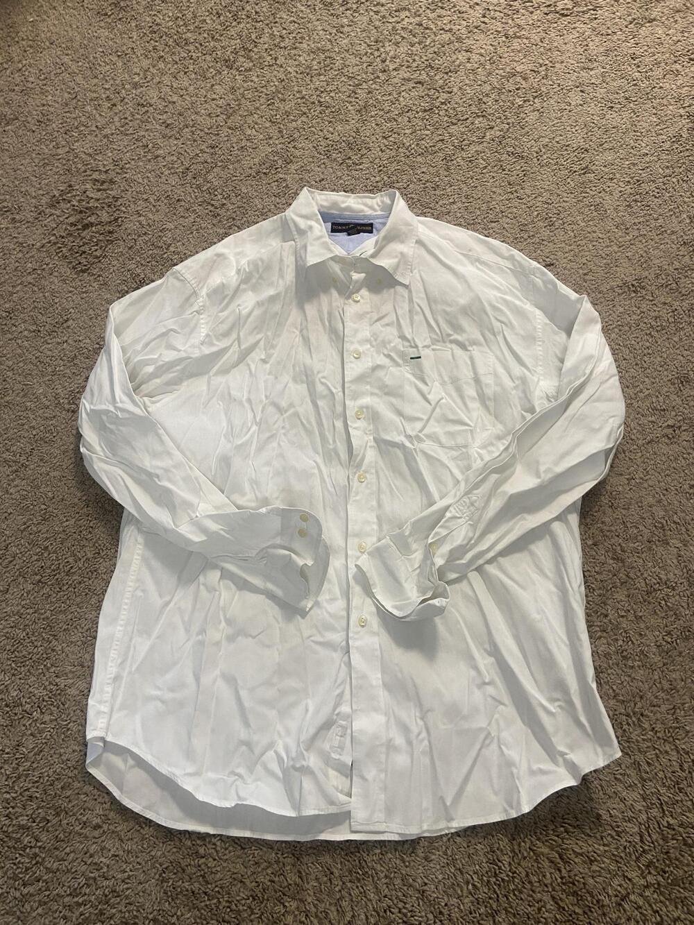 Tommy Hilfiger Golf Shirt Mens XL White Solid Long Sleeve Button Up Pocket Logo